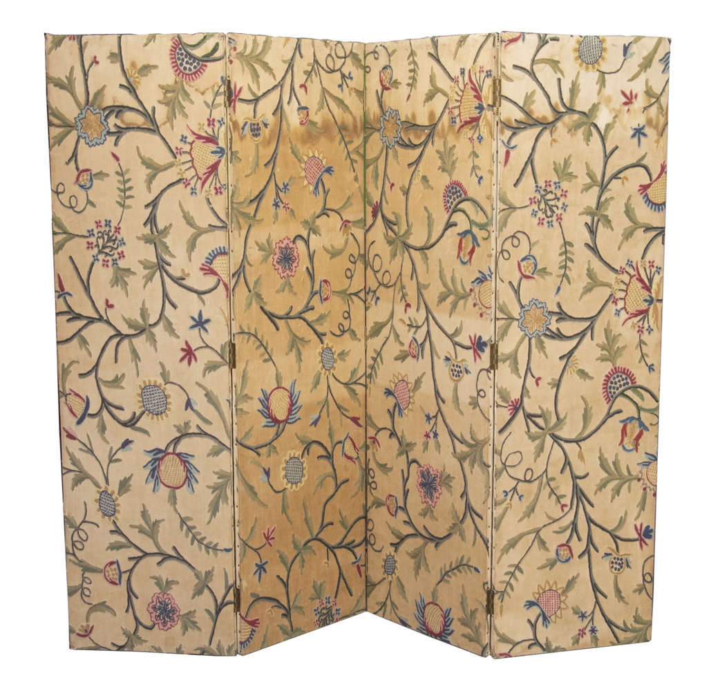 FOUR-FOLD CREWEL WORK FOLDING SCREEN