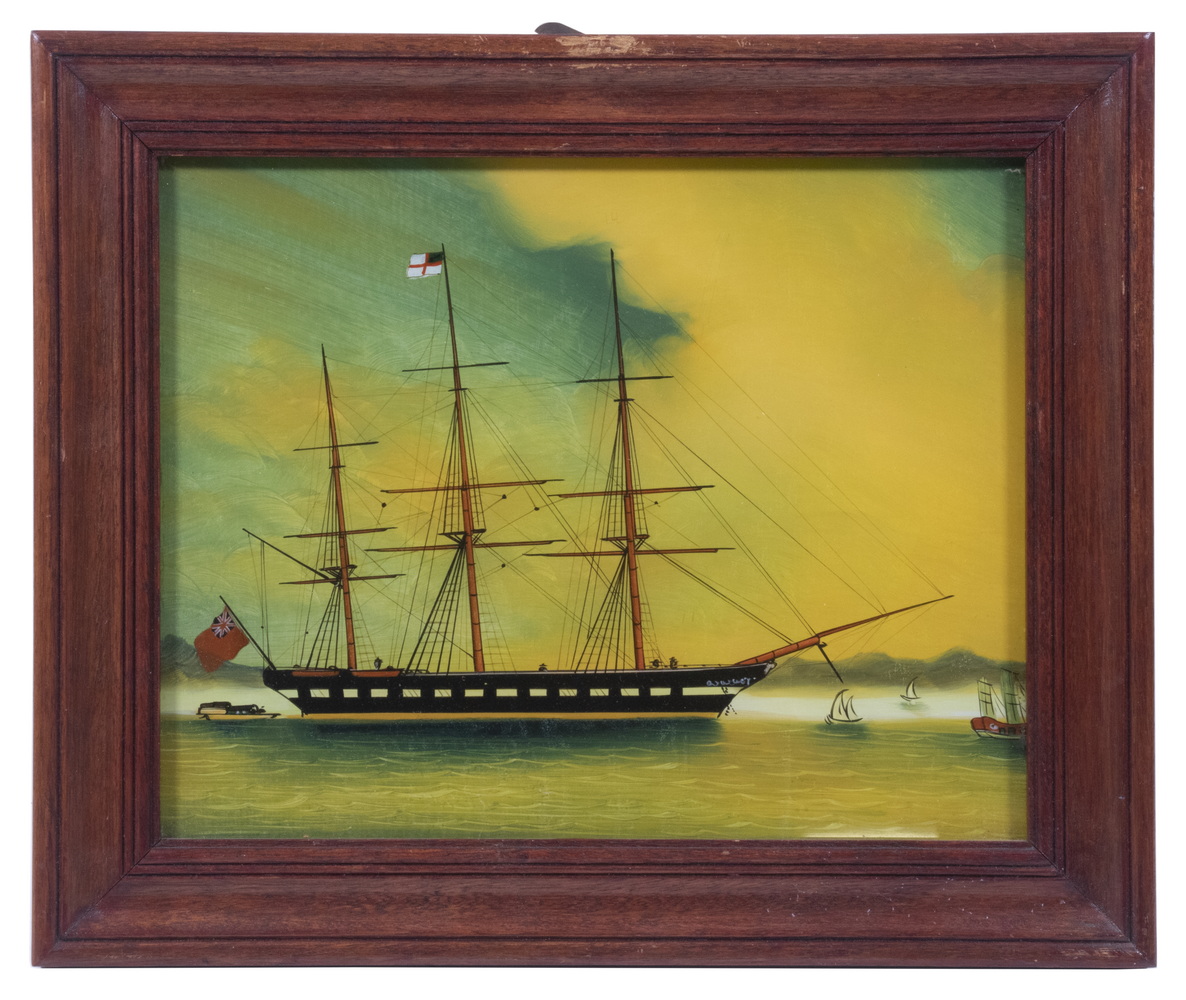 FRAMED REVERSE PAINTING OF SHIP 30272a