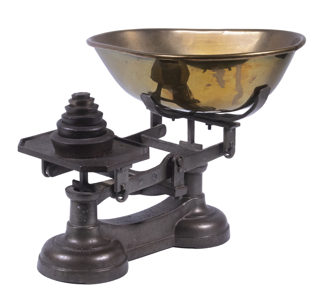 19TH C. IRON STORE SCALE WITH BRASS