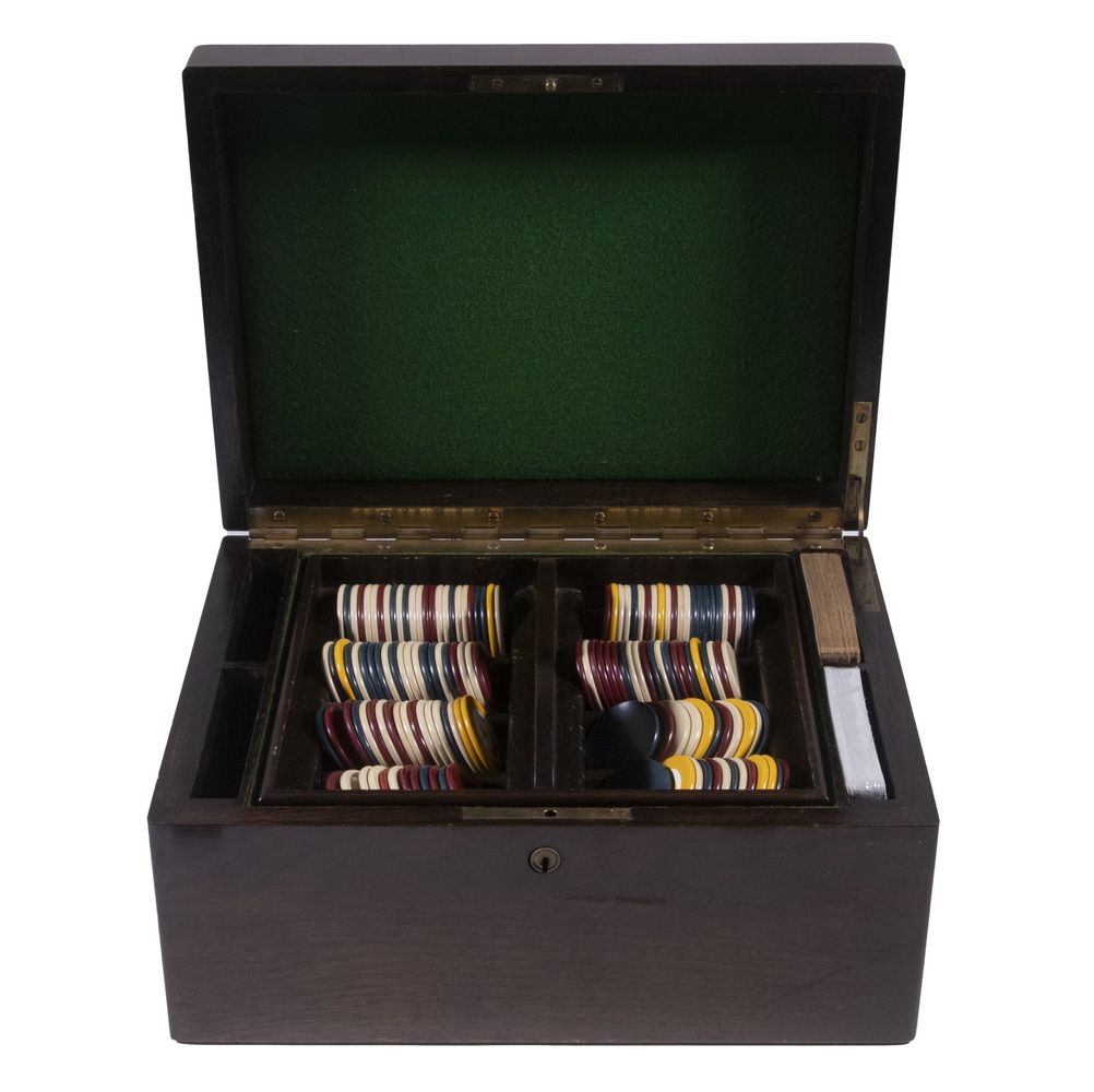 MAHOGANY POKER CASE WITH CHIPS Finely