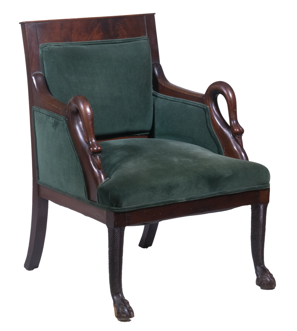 WALNUT SWAN NECK ARMCHAIR Ca. 1810 Upholstered