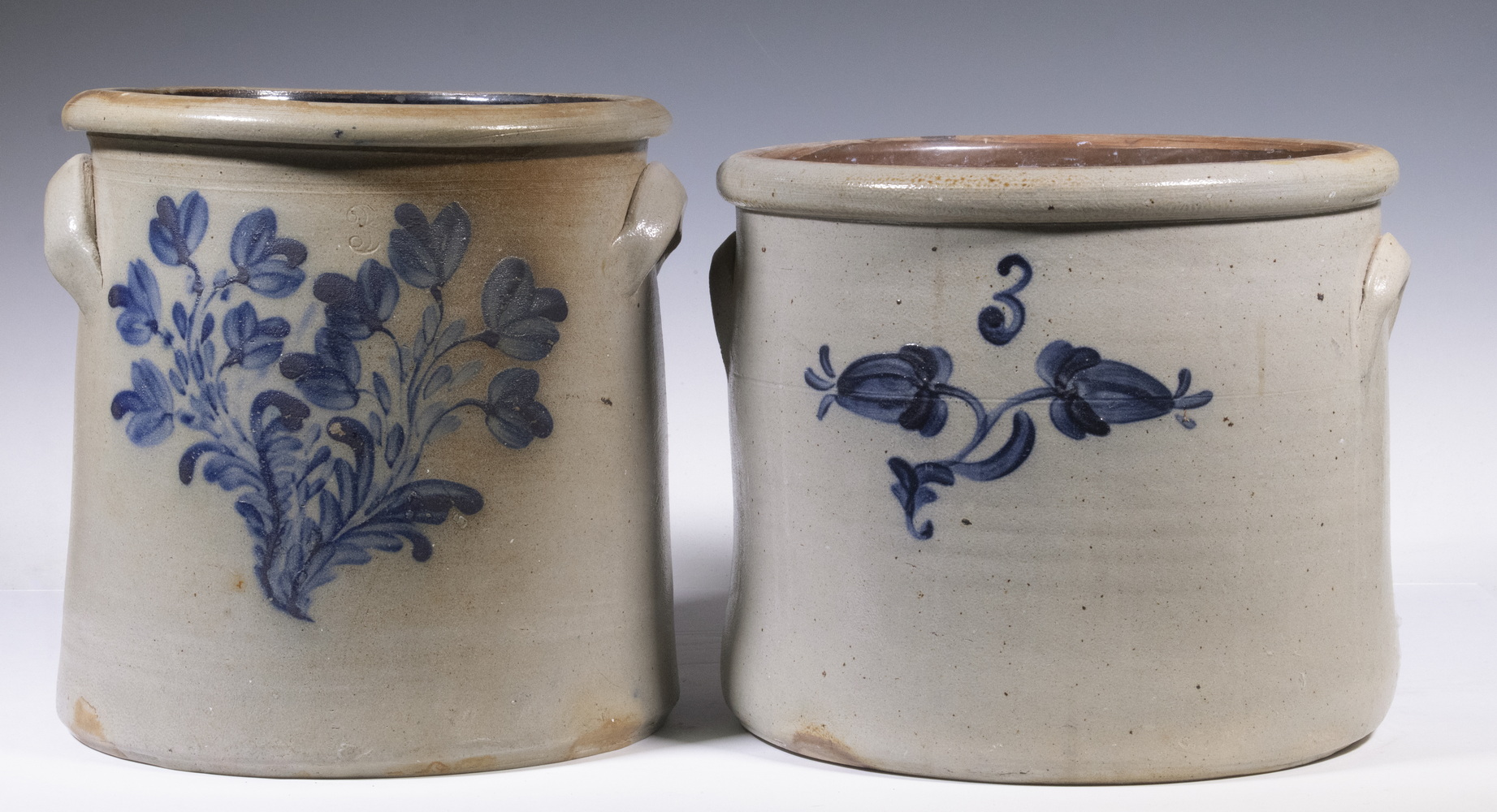 FLORAL DECORATED STONEWARE CROCKS 302e2e