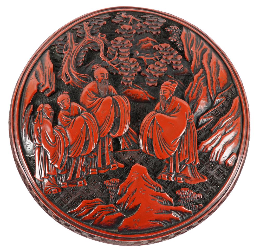 CHINESE CARVED CINNABAR ROUND BOXunsigned