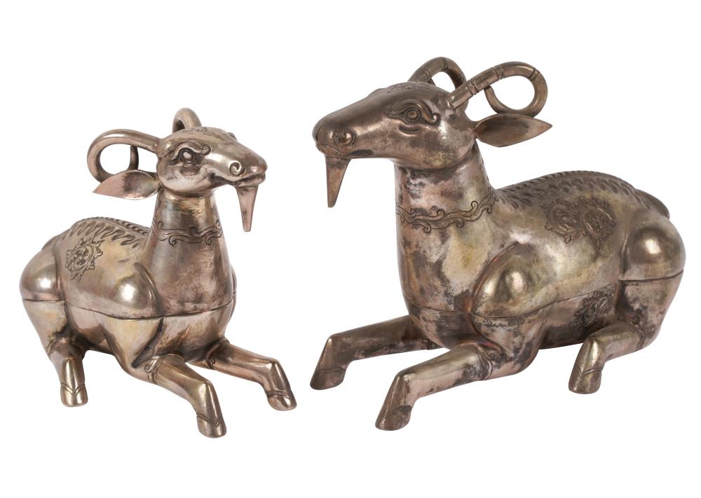 PAIR OF CAMBODIAN SILVER RAM-FORM