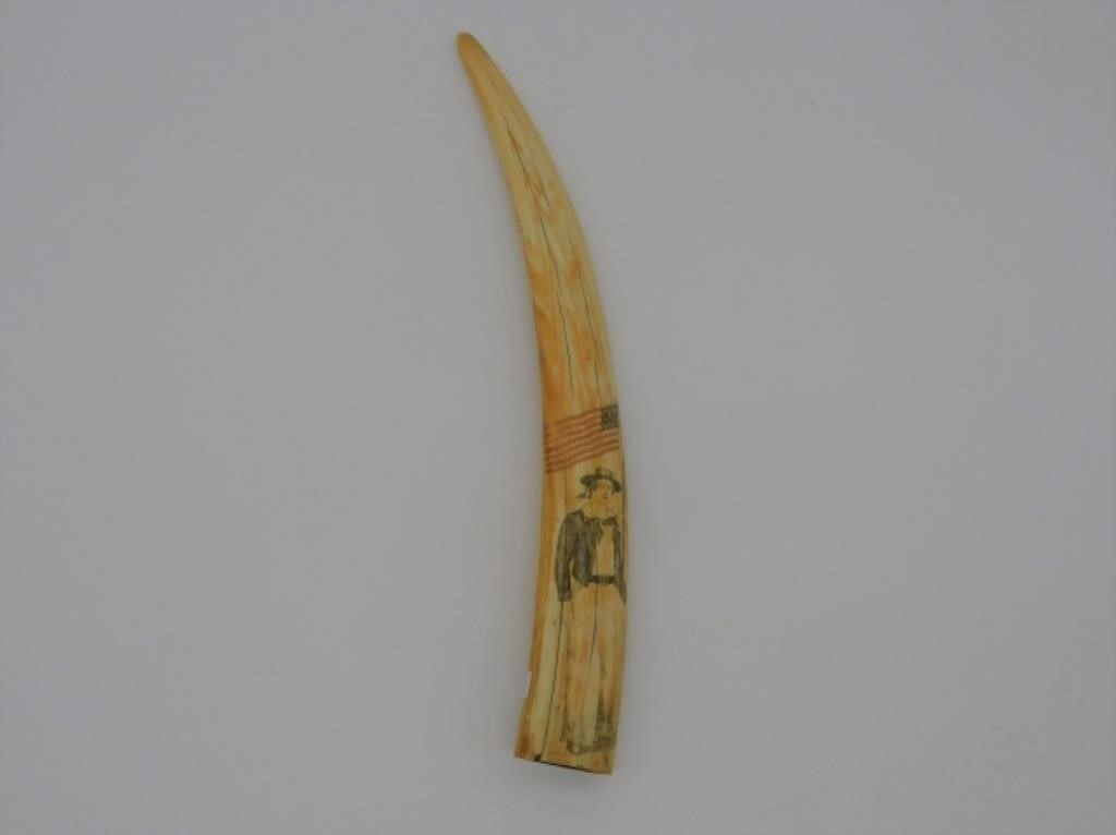 SCRIMSHAWED POLYCHROME WALRUS TUSK,