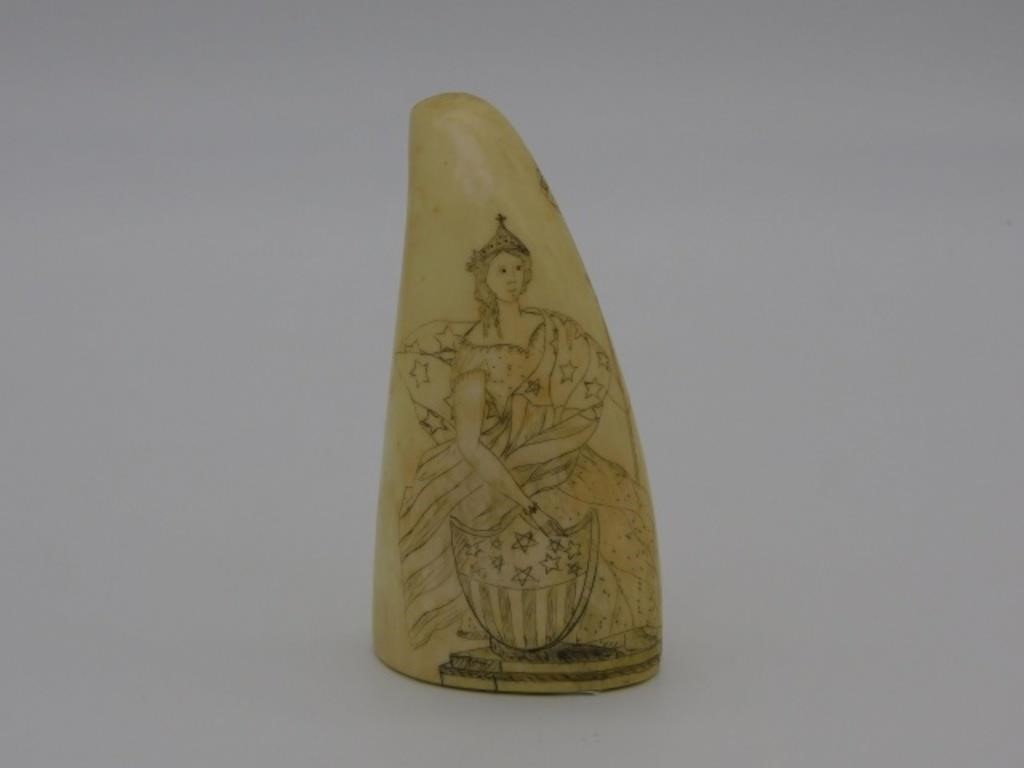 SCRIMSHAW WHALE'S TOOTH, MID-19TH