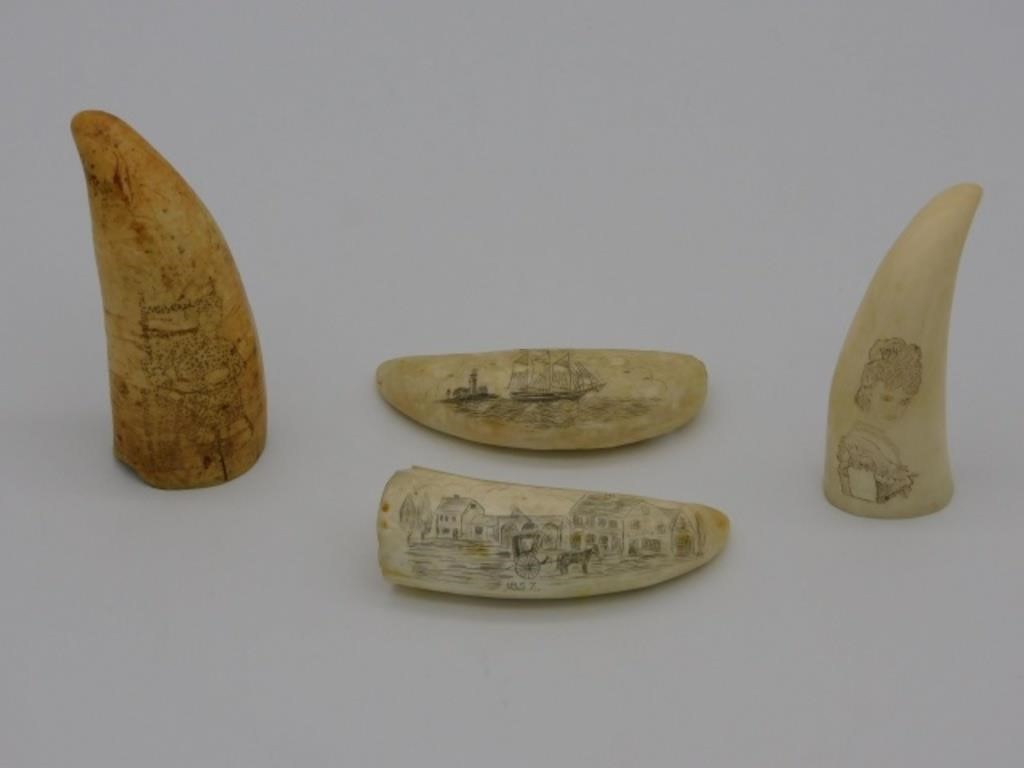 (4) SMALL SCRIMSHAW WHALES TEETH, TO