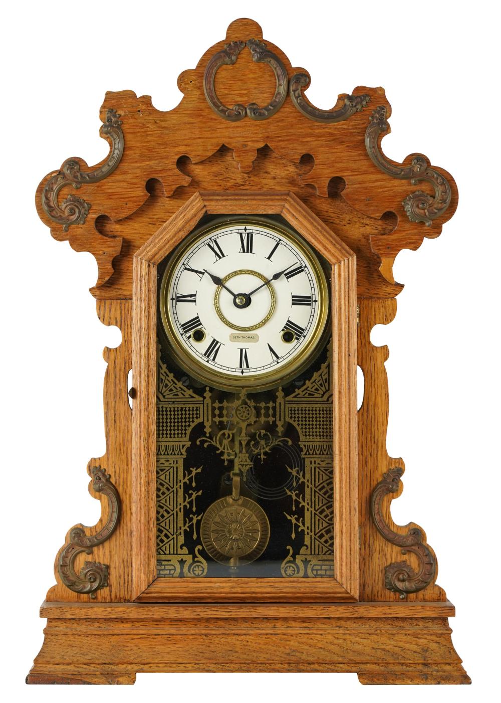 CARVED OAK MANTLE CLOCKsigned "Seth