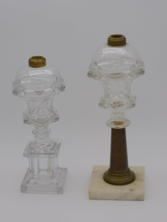  2 PRESSED GLASS WHALE OIL LAMPS  30329a