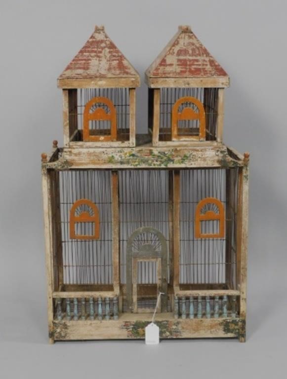 WOOD AND WIRE BIRDCAGE EARLY 20TH 3032ba