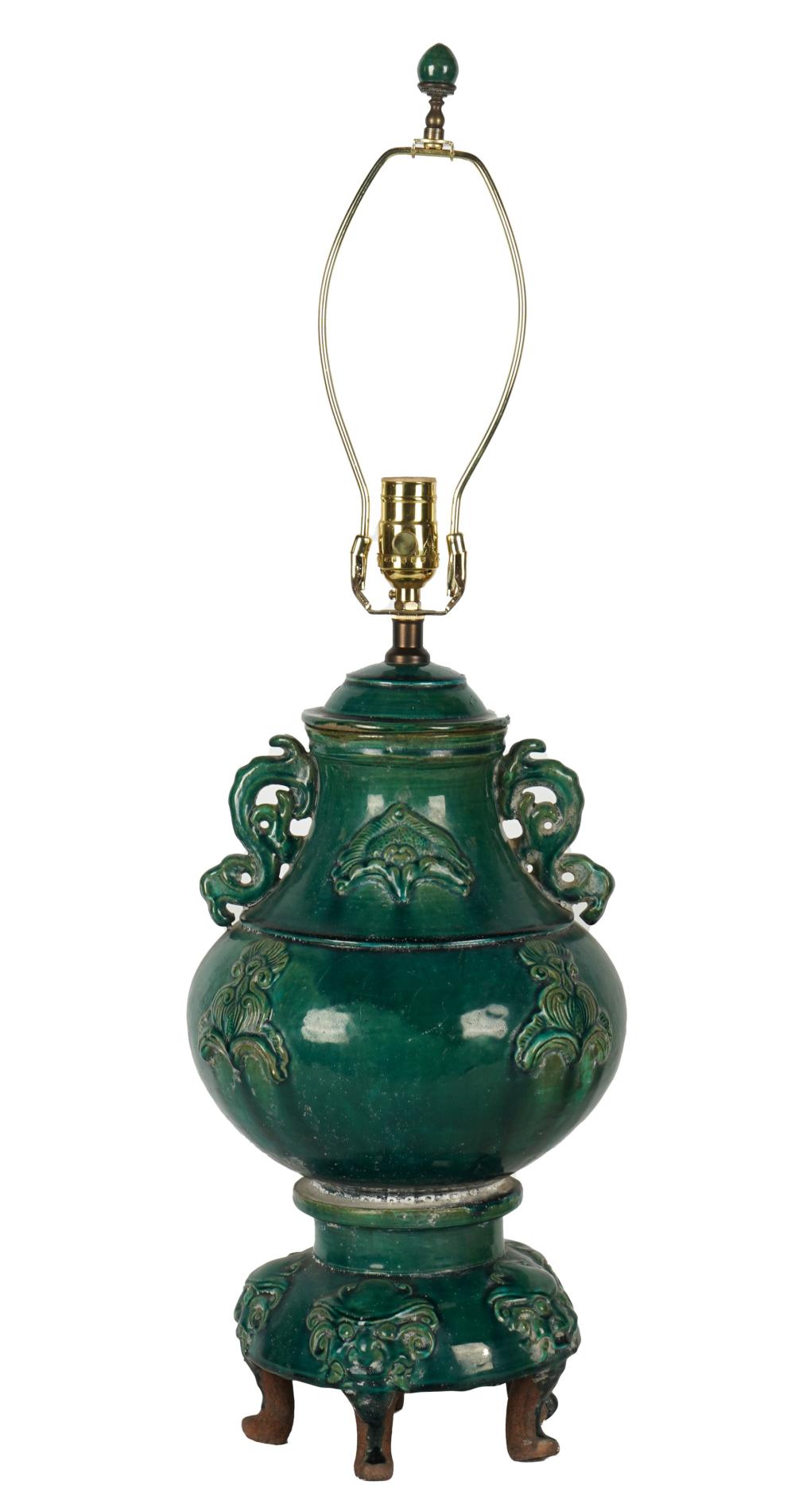 CHINESE GREEN GLAZED CERAMIC URNmounted 3032fb