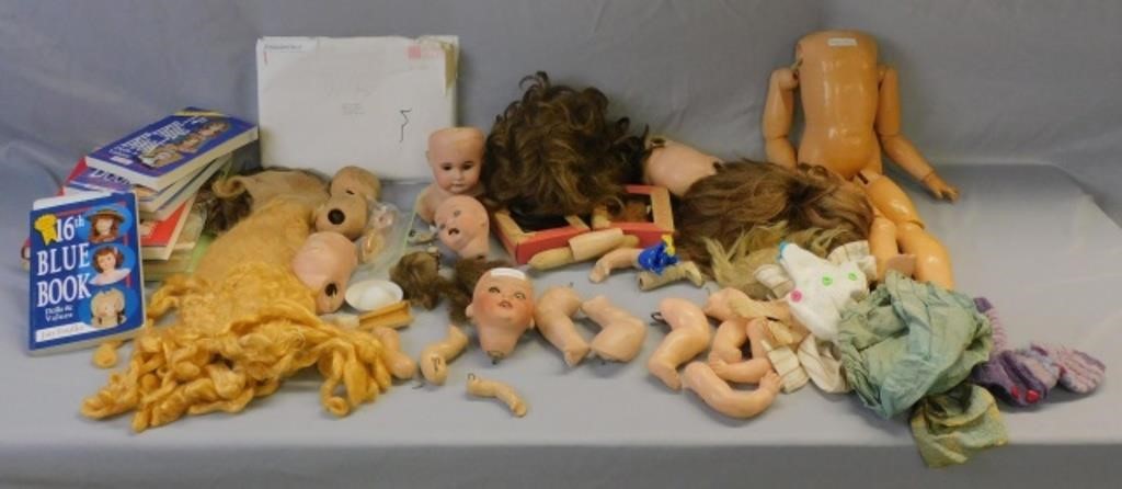 COLLECTION OF DOLL PARTS, WIGS,