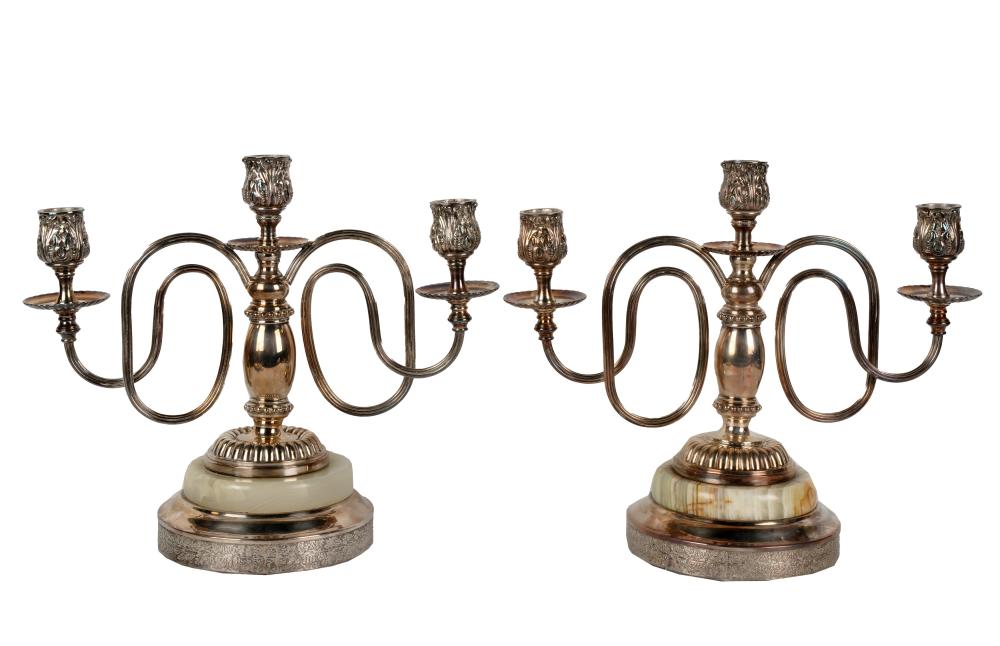 PAIR OF ONYX AND SILVERPLATE THREE-LIGHT