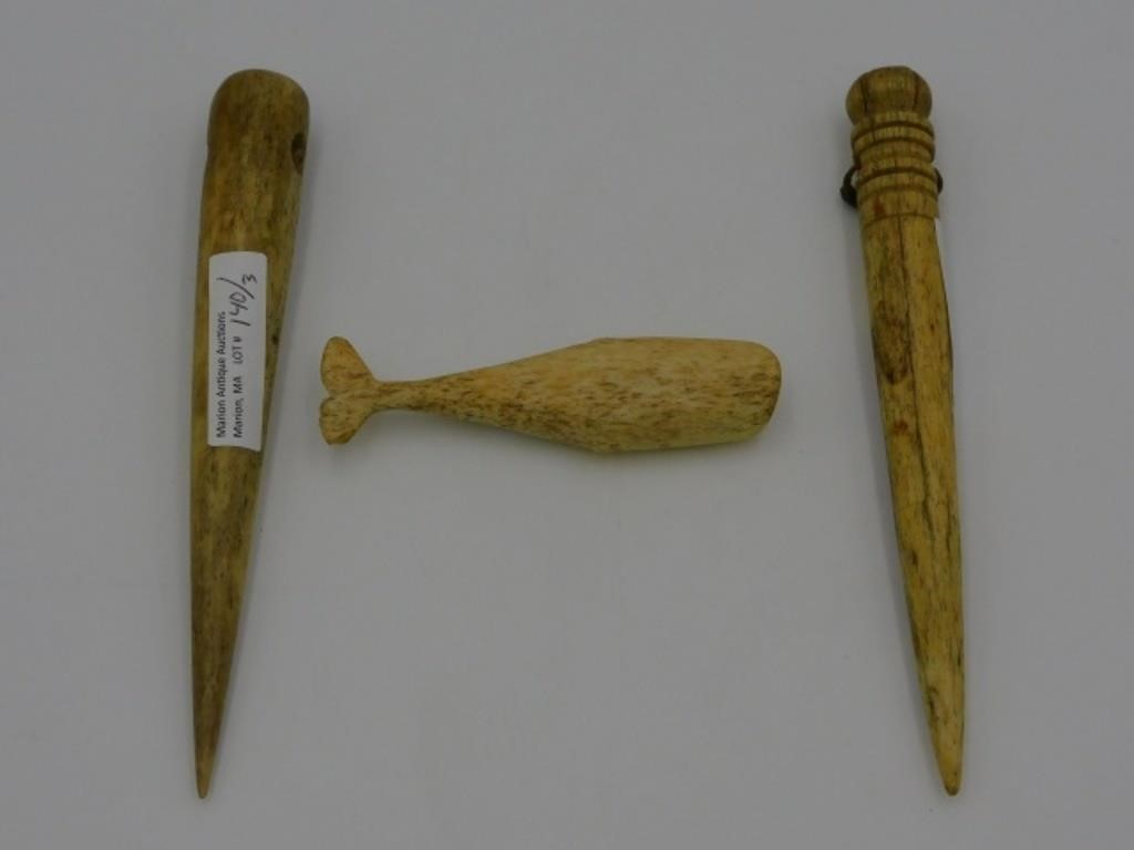 (3) SCRIMSHAW PIECES. 19TH C. TO