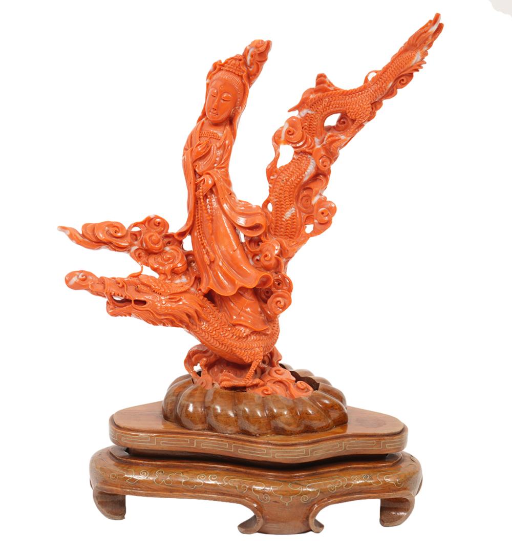 CHINESE CARVED CORAL GUANYIN AND 301170