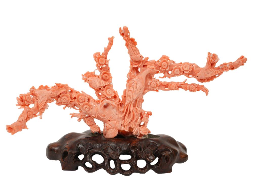 CARVED CHINESE CORAL WITH BIRDS