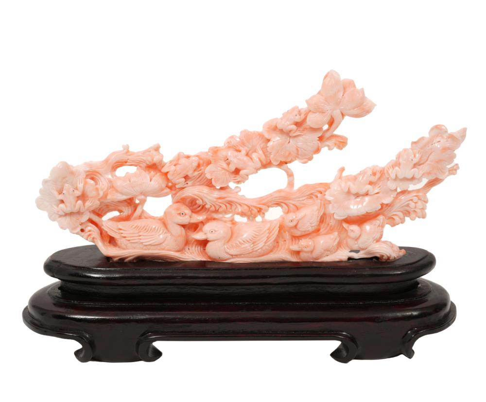 CHINESE CARVED CORAL DUCKS, FROGS
