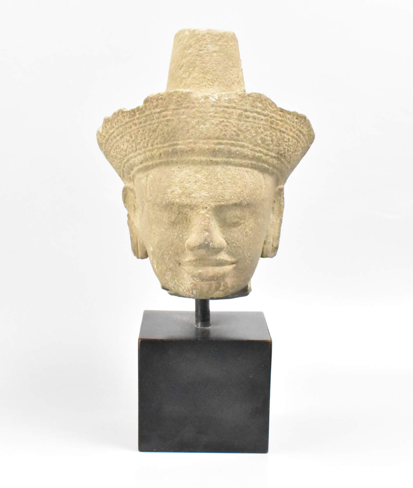 ANTIQUE KHMER STONE HEAD ON STAND,