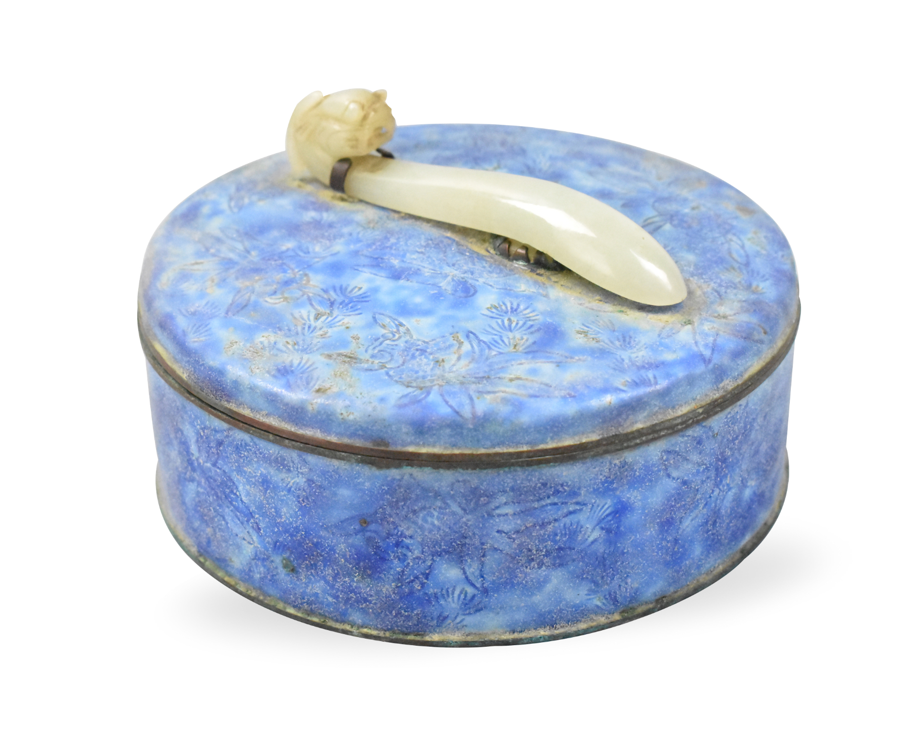 CHINESE CANTON ENAMEL BOX W/ JADE