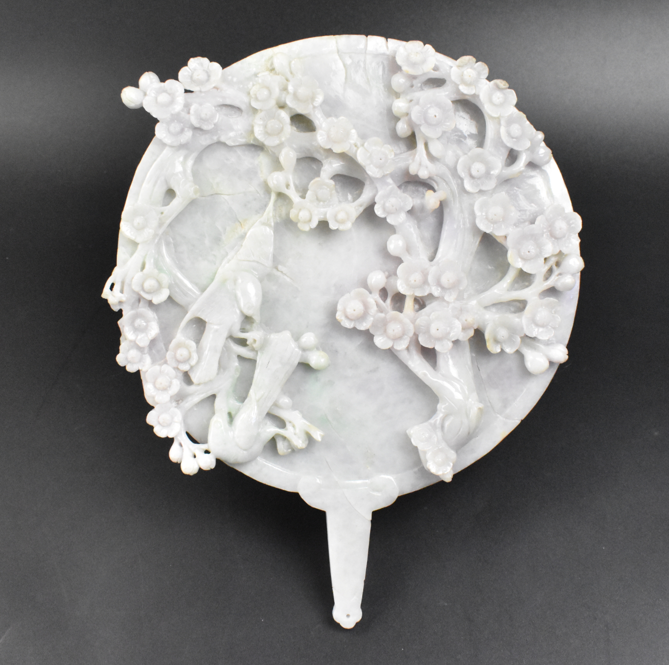 A CHINESE FAN SHAPED JADEITE CARVING