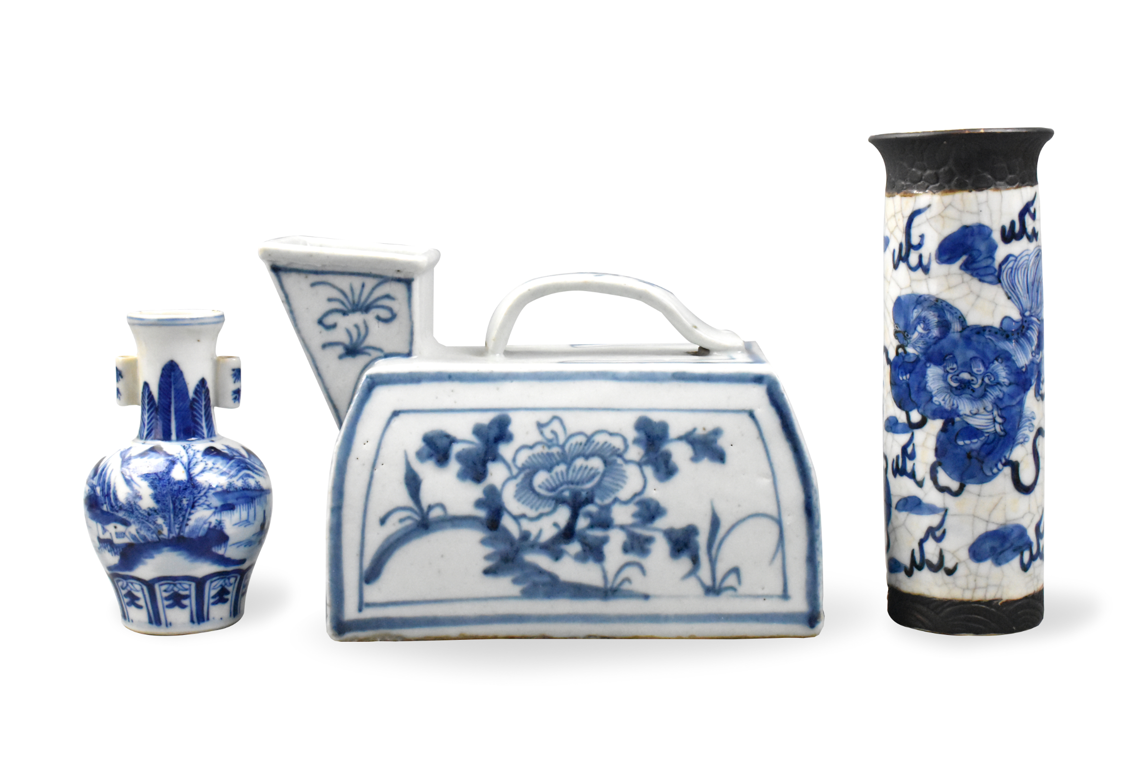 3 CHINESE BLUE & WHITE VASE & SPITTOON,