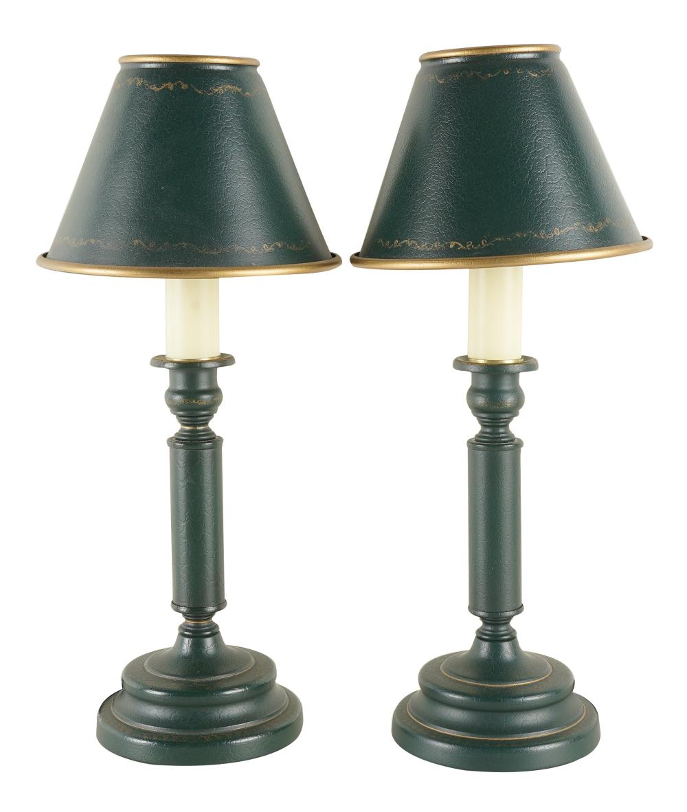 PAIR OF GREEN PAINTED TOLE CANDLESTICK 3016a2