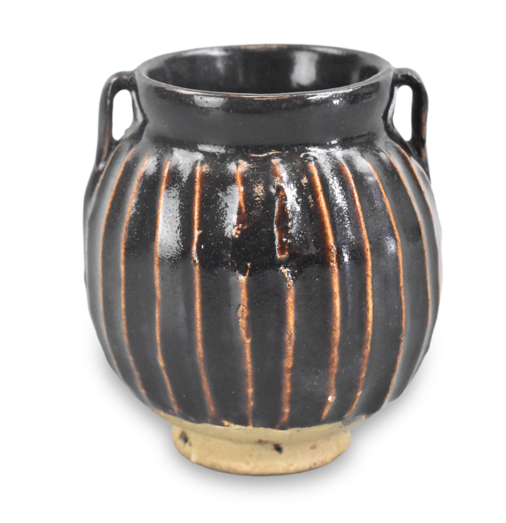 CHINESE BLACK GLAZED RIBBED JAR  3016ce