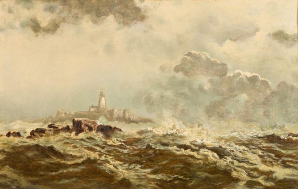 UNKNOWN ARTIST: SEASCAPE WITH LIGHTHOUSEoil