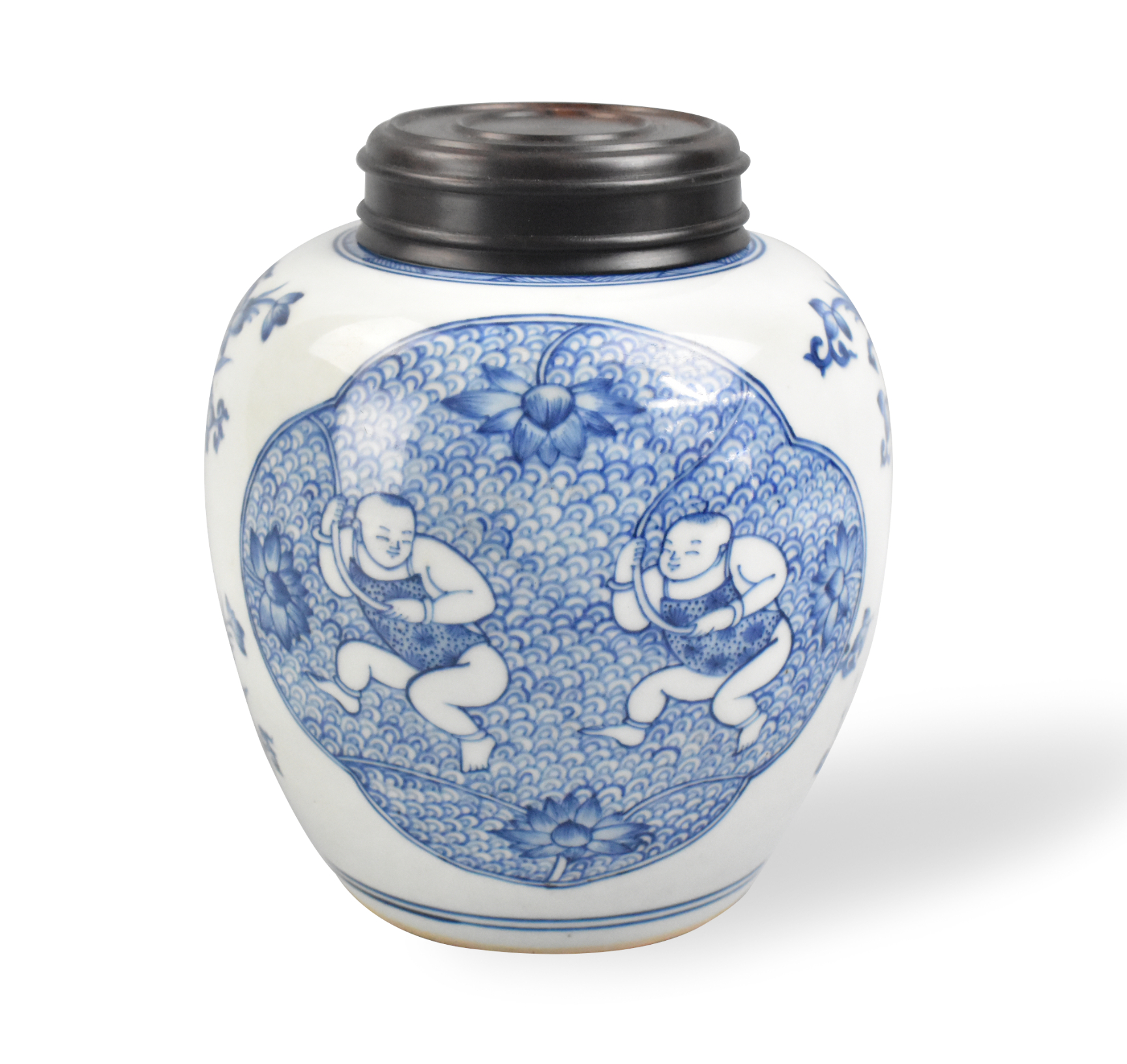 CHINESE BLUE WHITE JAR W BOYS 18TH 301791