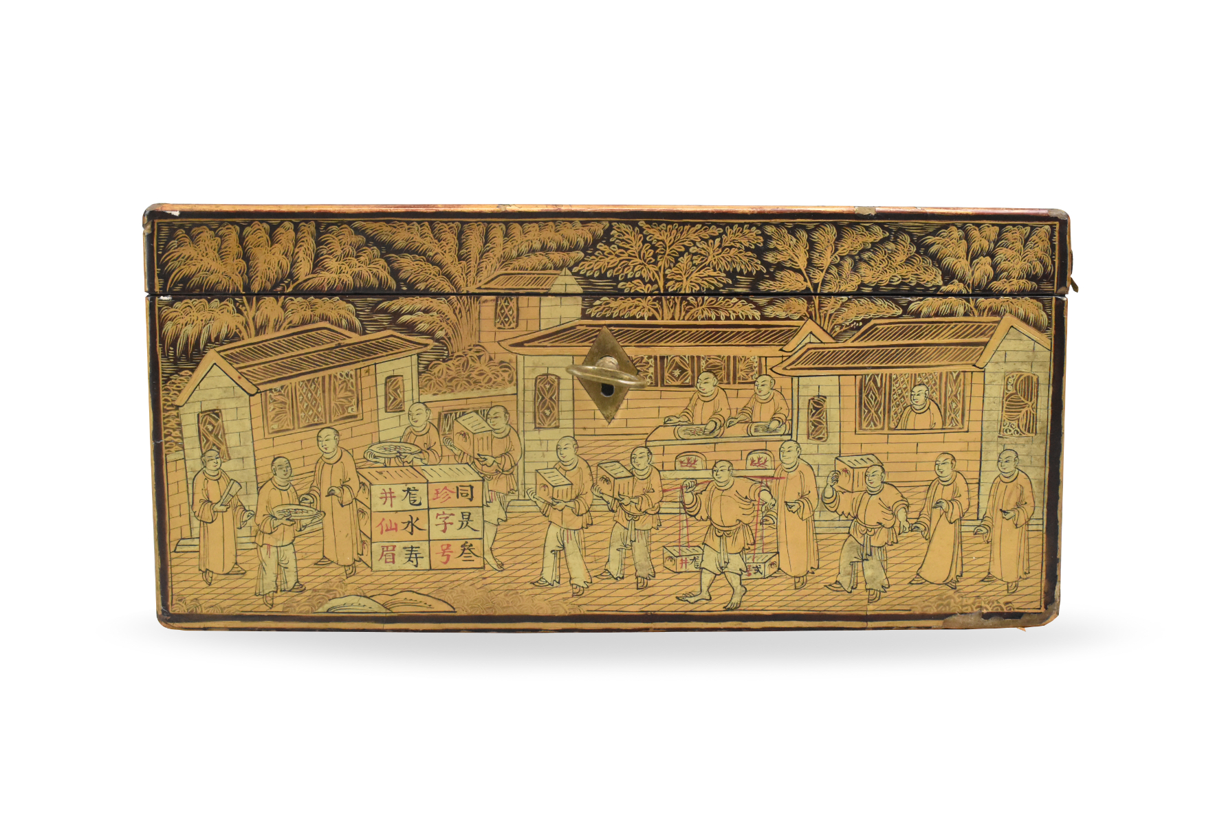 CHINESE GILT LACQUERED PEWTER BOX,