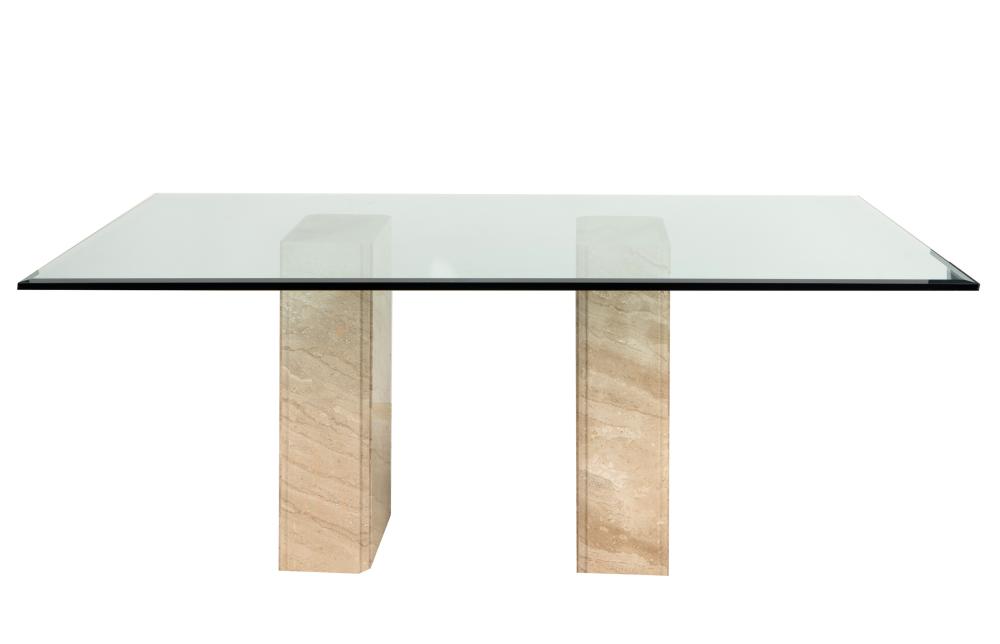 TRAVERTINE AND GLASS DINING TABLEcontemporary;