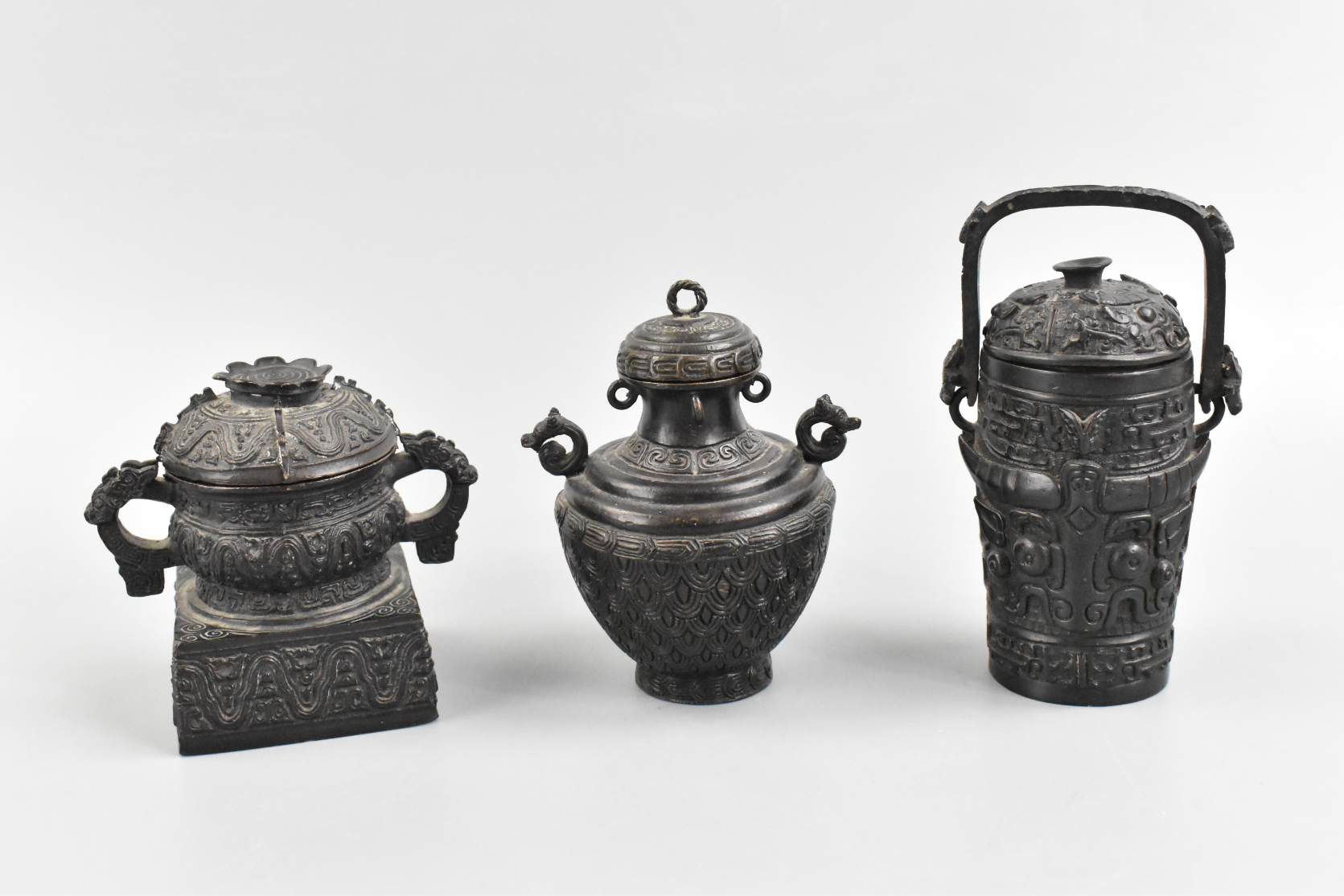 GROUP OF 3 ARCHAISTIC BRONZE COVERED