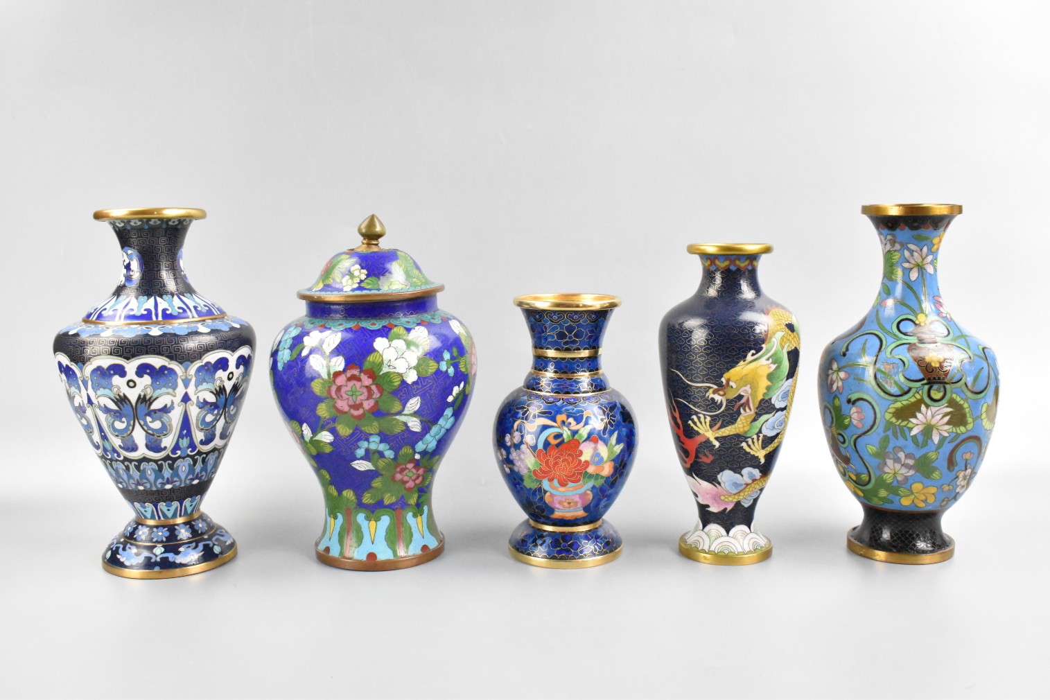 GROUP OF 5 CHINESE CLOISONNE VASES,