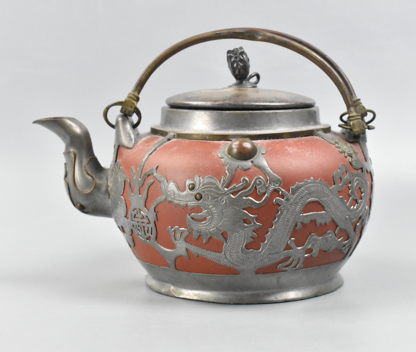 CHINESE ZISHA TEAPOT W/ PEWTER