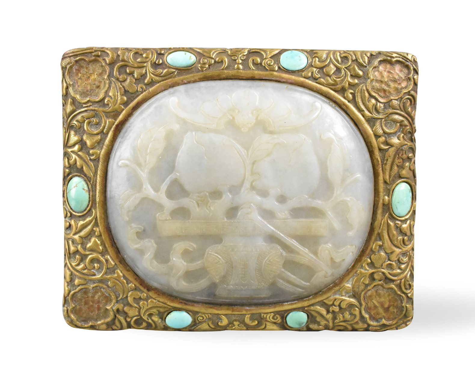 CHINESE BRASS BOX W JADE PLAQUE 301ca8