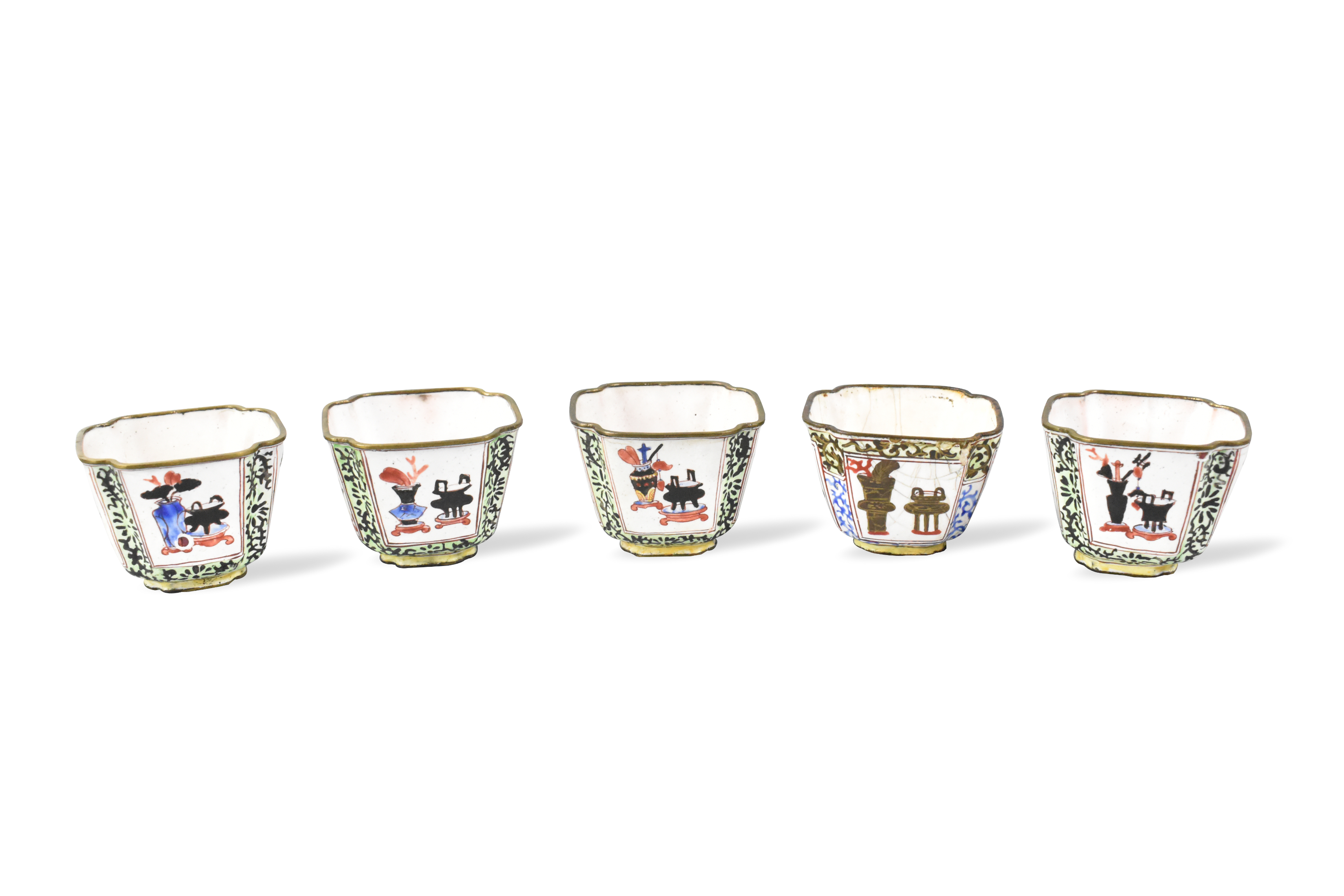 5 SMALL CANTON ENAMELED WINE CUPS,