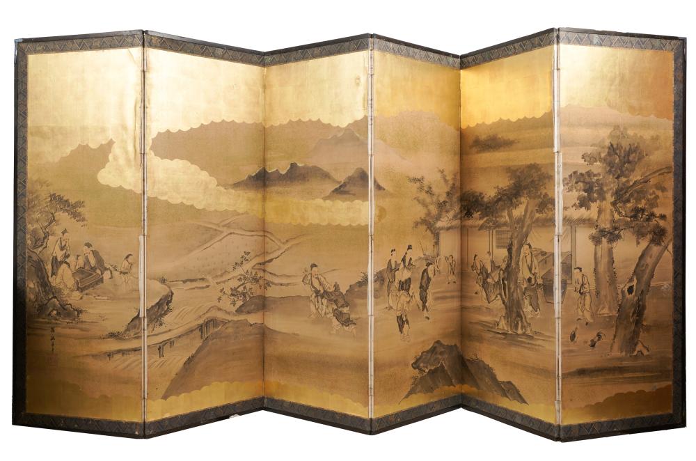 ANTIQUE JAPANESE SIX PANEL SCREENpainted 301e6e