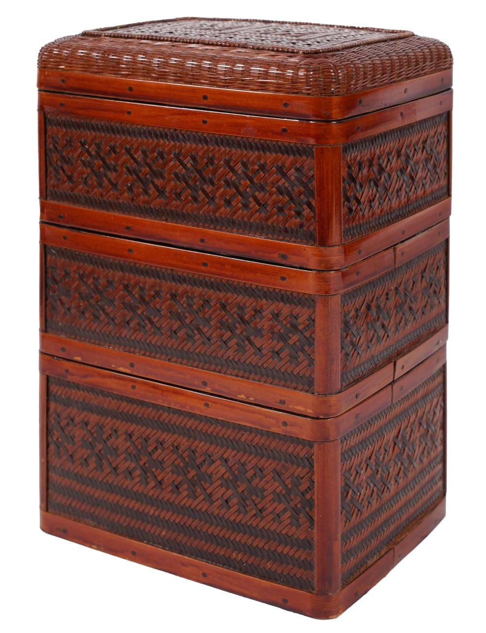 CHINESE LACQUERED WOOD AND WICKER