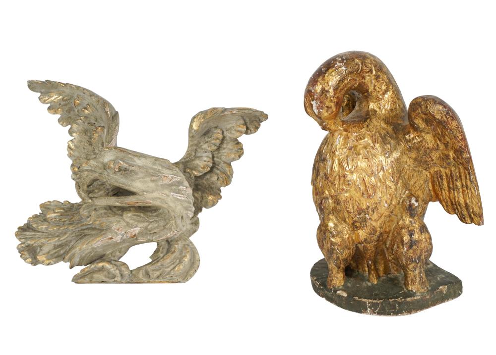 TWO CARVED GILTWOOD EAGLESone with hanging