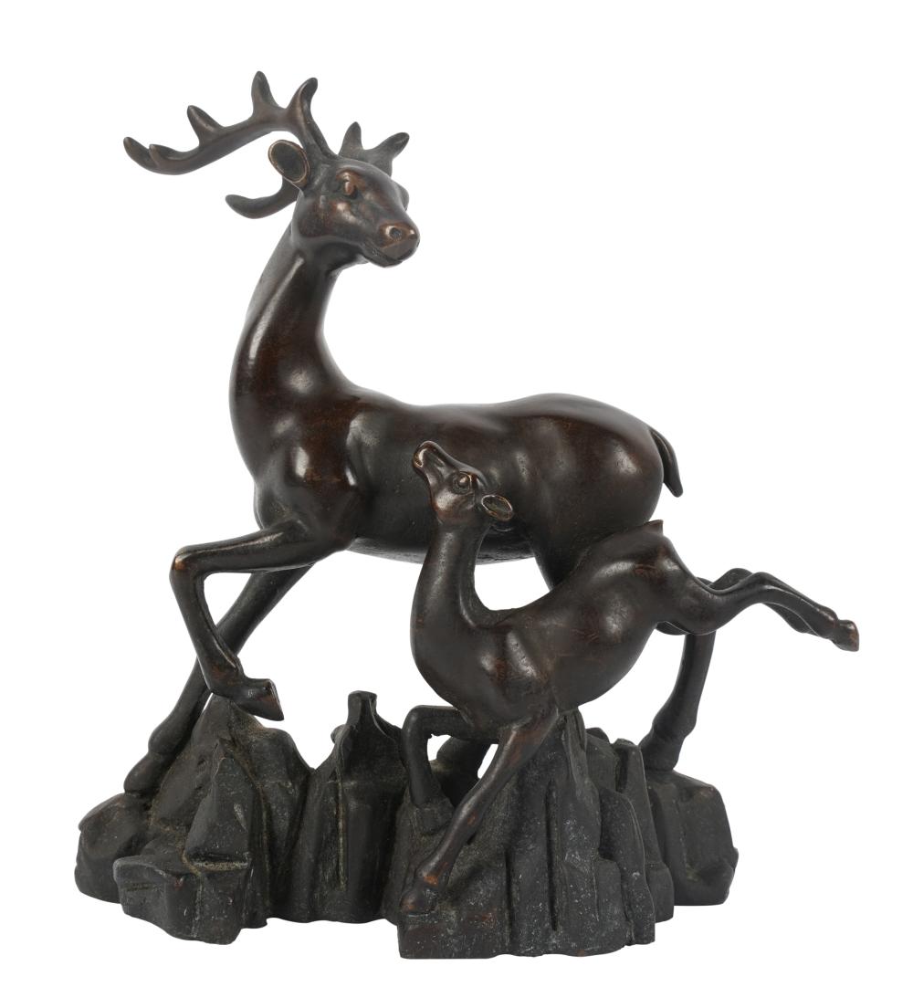 JAPANESE BRONZE DEER AND FAWN FIGURAL