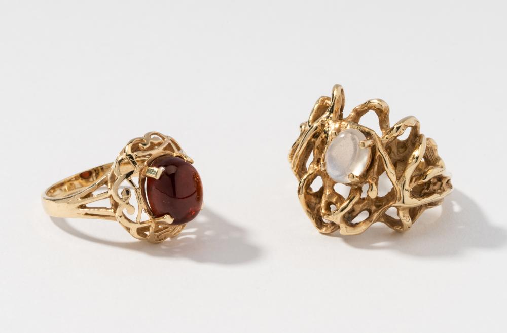 TWO 14 KARAT YELLOW GOLD AND GEMSTONE