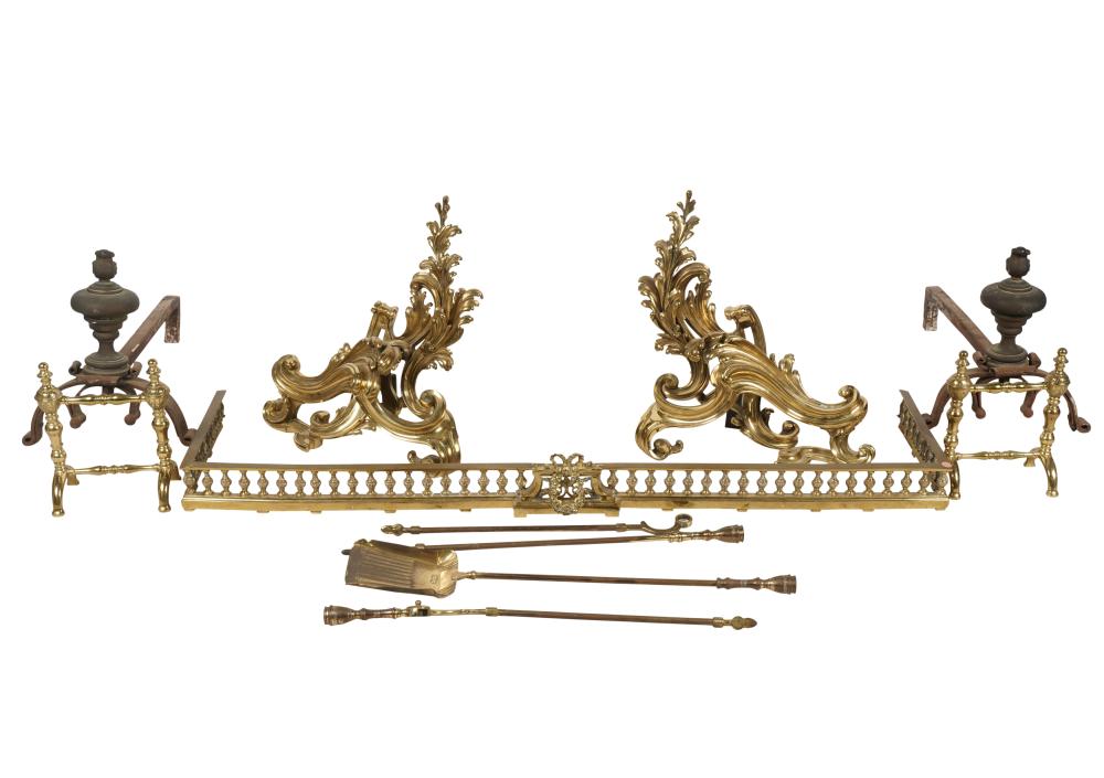 GROUP OF BRASS AND IRON FIREPLACE