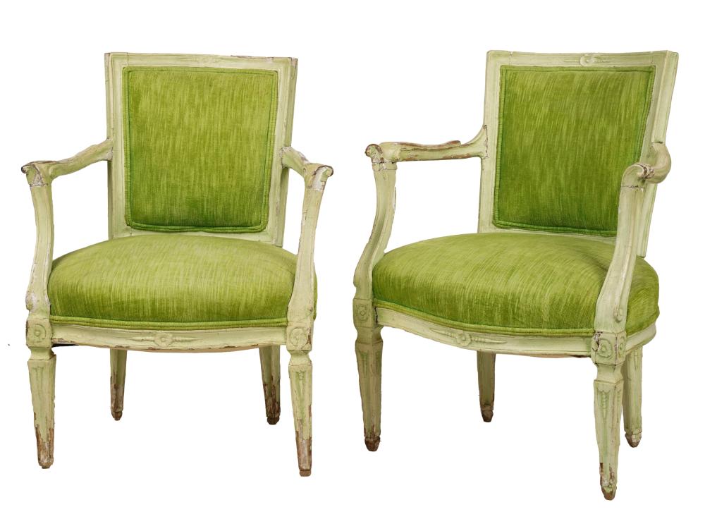 PAIR OF GREEN-PAINTED FAUTEUILSPair