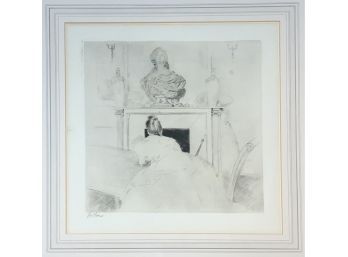 A drypoint etching of a woman leaning