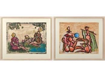 Two oils on paper, cubist figures,
