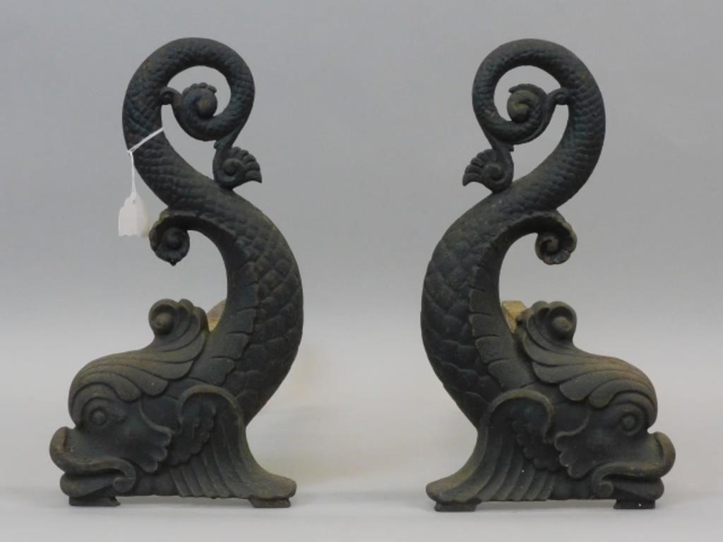 PAIR OF CAST IRON DOLPHIN ANDIRONS  3037f2