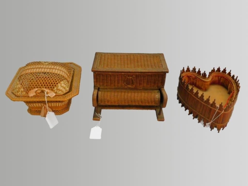 (3) WICKER TABLETOP SEWING BASKETS