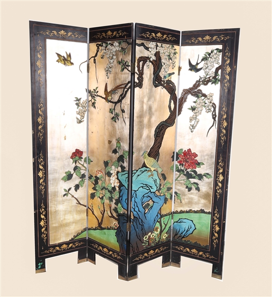 Chinese carved black lacquer 4-panel
