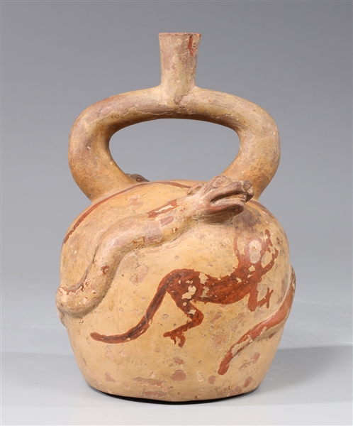 Moche stirrup Peruvian vessel depicting
