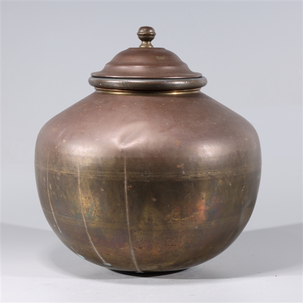 Large brass Indian covered pot;